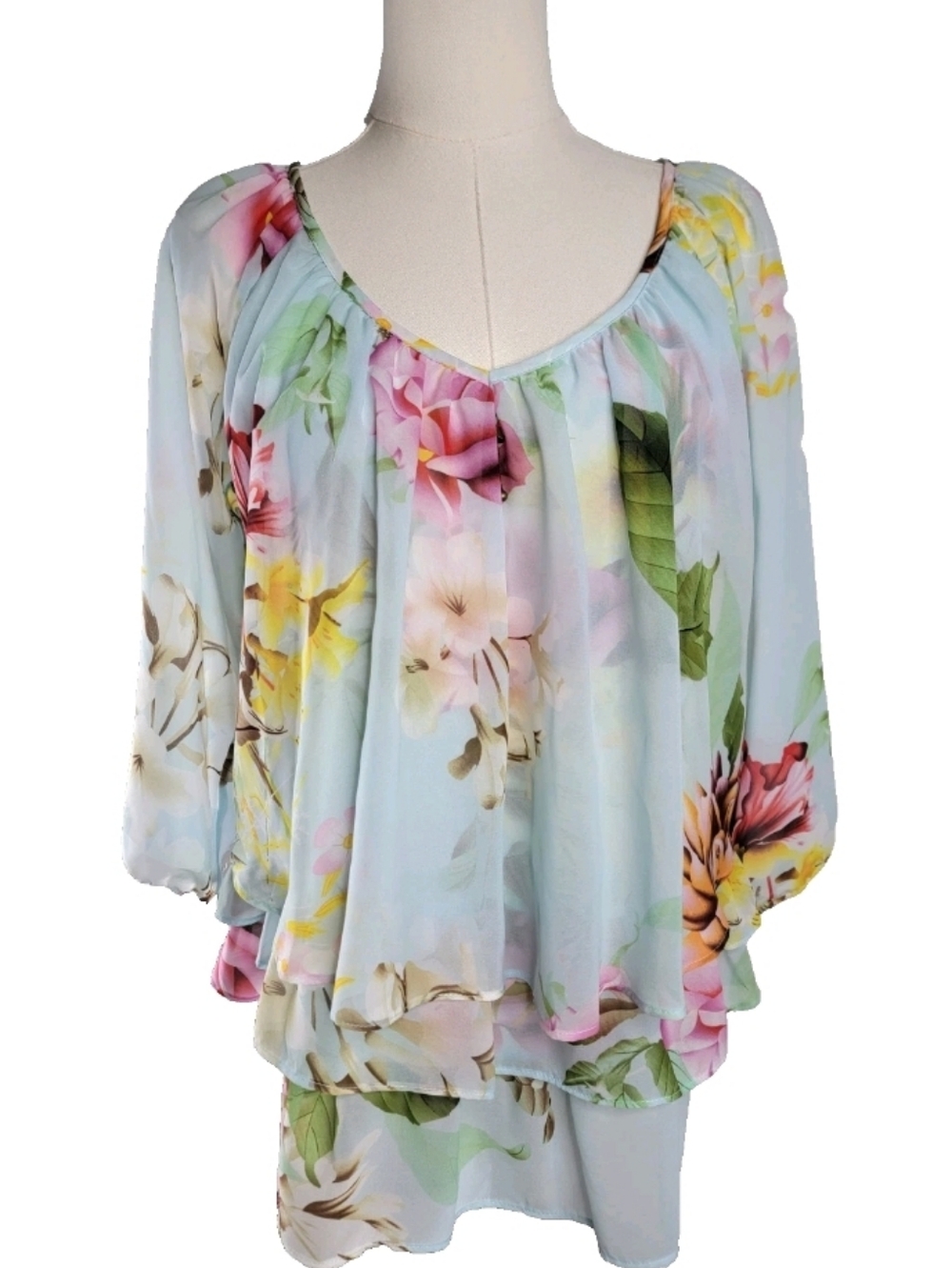 Joseph Ribkoff Floral Chiffon Layered Blouse Size 4 Sheer Pastel Blue